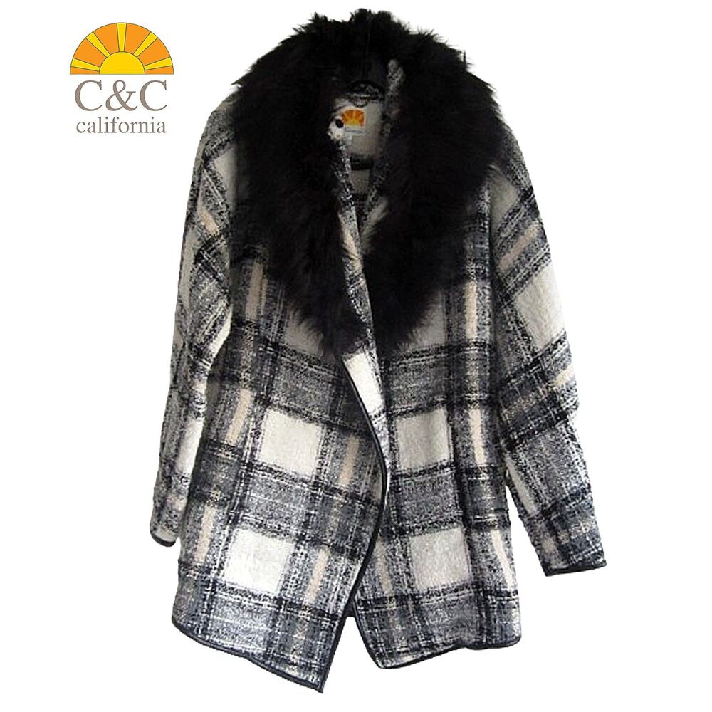 C&C California NEW Glam Plaid Fur Neck Faux Leather Trim Open Front Coat L